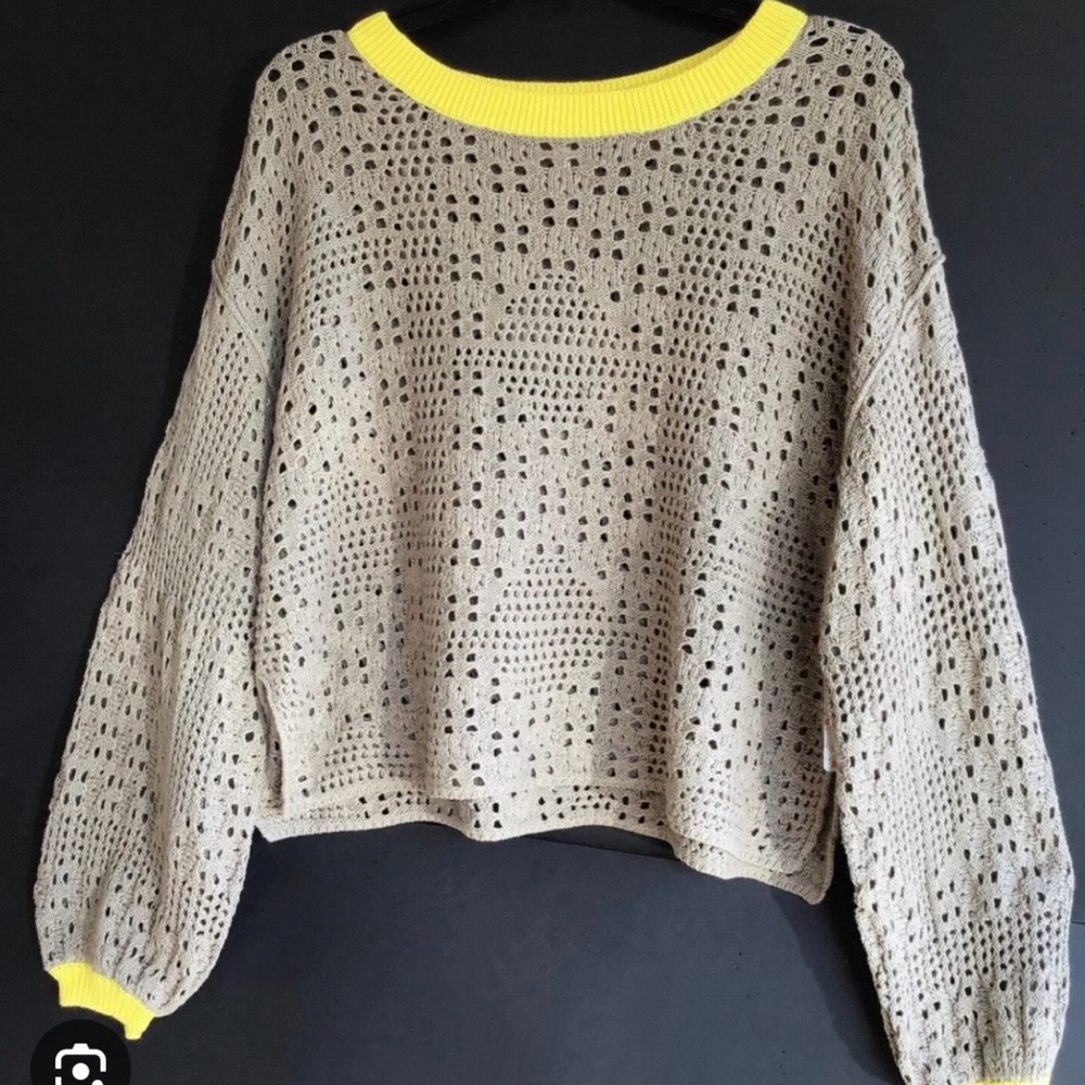 Free People Home Run Cotton Crochet Sweater Warm Sands Beige Brown Yellow L